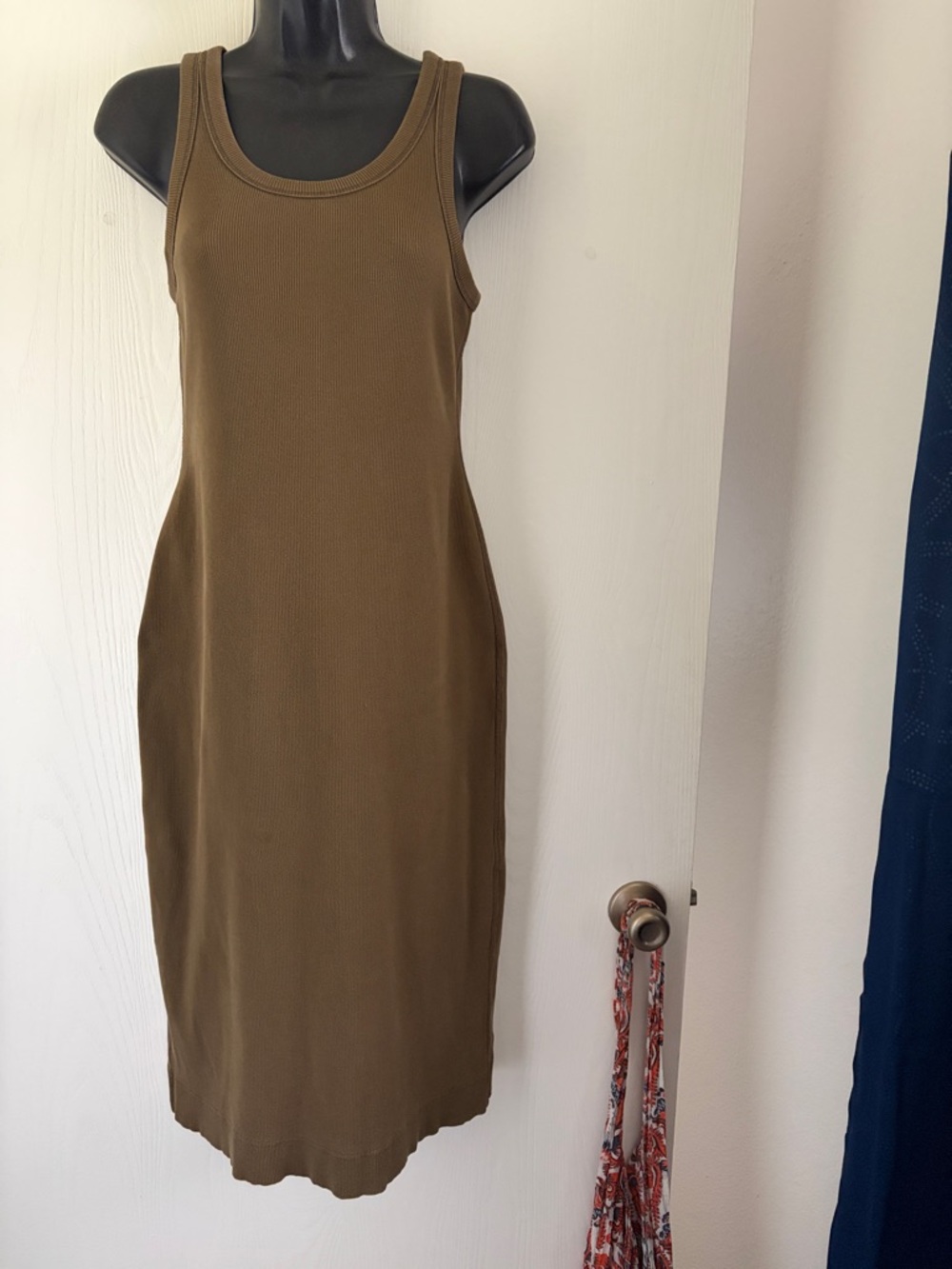 Everlane Olive Ribbed Tank Midi Dress — Sleeveless Scoop Neck